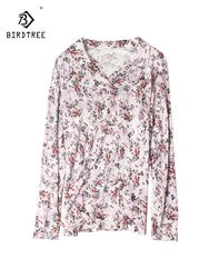 BirdTree, Natural Silk Knitted Shirts,, Women Long Sleeve Lapel Printed, Commute Vacation Loose Retro Tops, 2026 Summer T45583QC