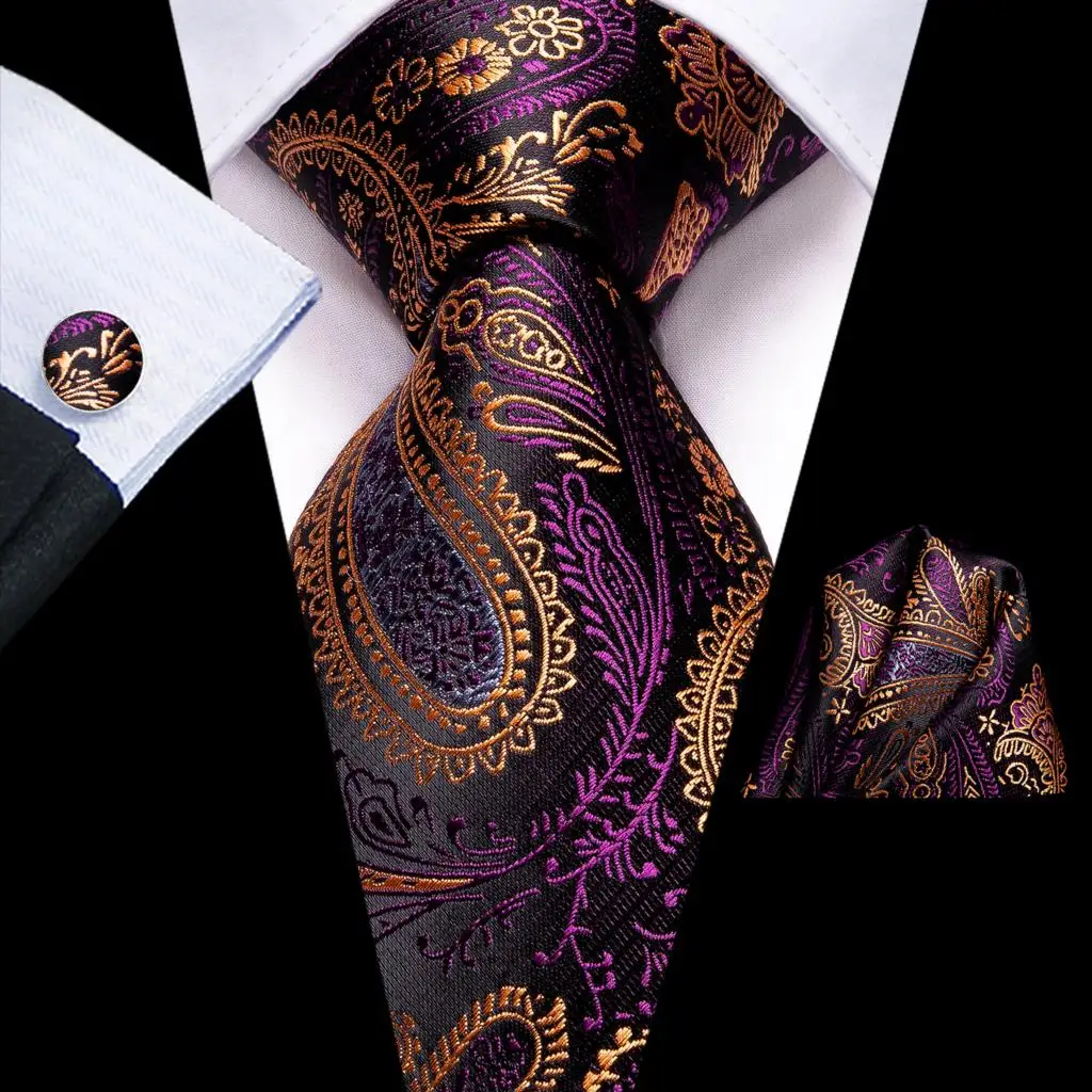 

Hi-Tie Designer Purple Gold Paisley Silk Wedding Tie For Men Handky Cufflink Gift Men Necktie Fashion Business Party Dropshiping