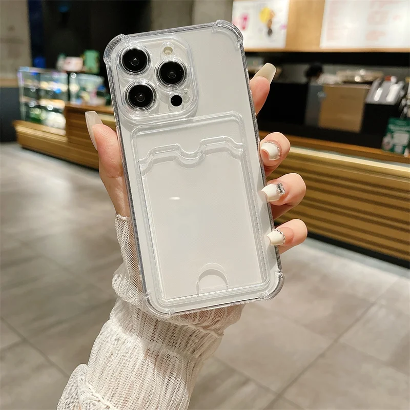 

Прозрачный чехол-держатель с слотом для карт для iPhone 17, 16, E 15, 14, 13, 12, 11 Pro Max XS Max 8 7 Plus, мягкий силиконовый чехол с защитой от падения