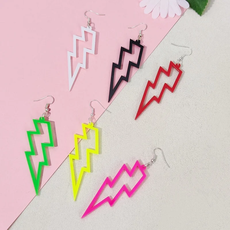 KUGUYS Neon Acrylic Hollow Out Lightning Drop Earrings for Women Trendy Jewelry Cool Accessories Pink Green Black Red White