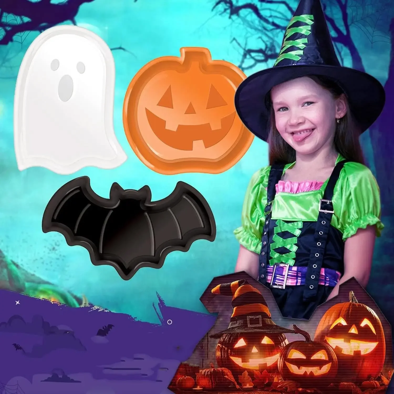 Halloween-Serviertabletts aus Kunststoff, Kürbisgeist, Fledermaus, Süßigkeiten, Snackteller für Party, Tischdekoration, Display, Urlaubs-Requisiten