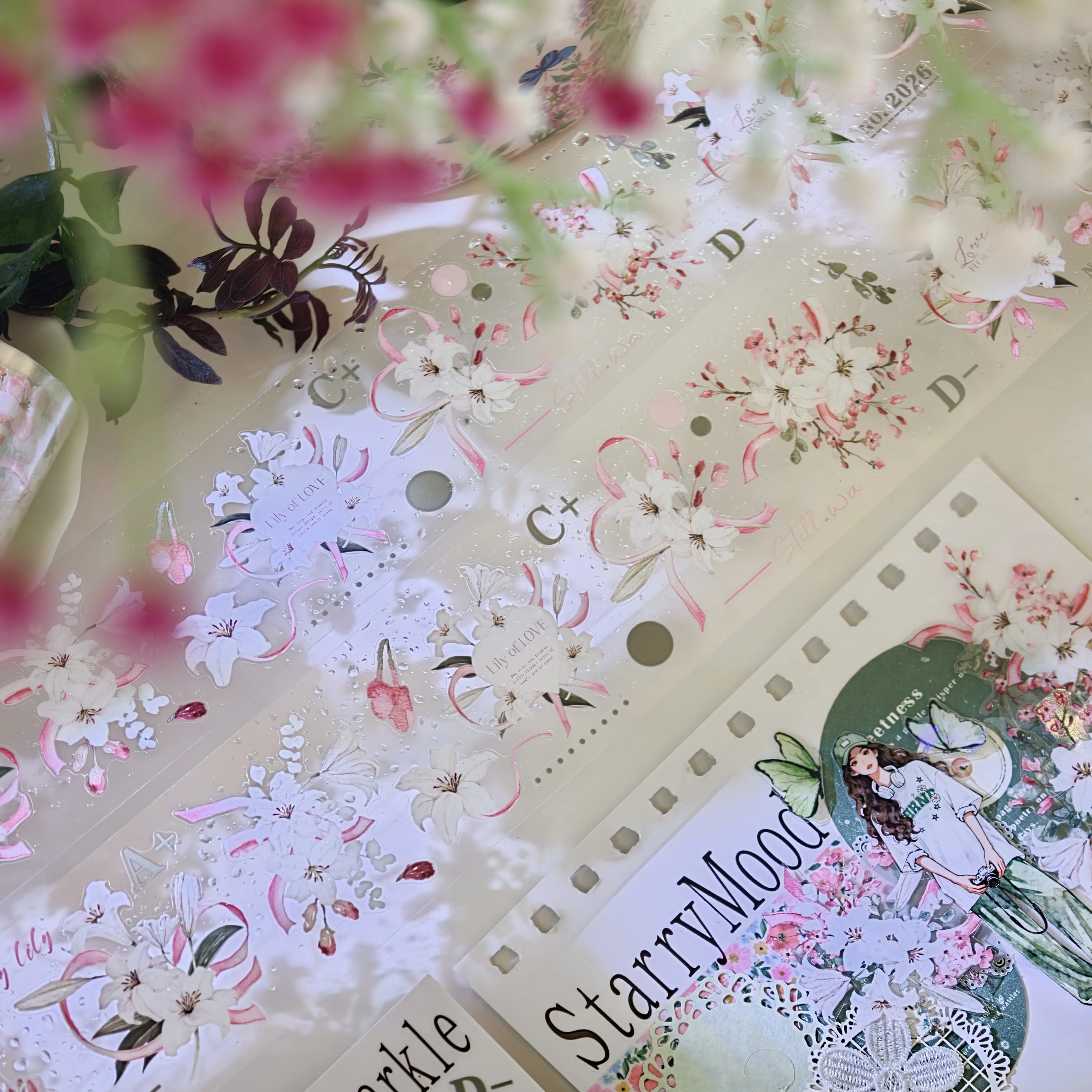 PET Die-Cut Sticker Tape for Scrapbooking Pink Lily Letter Series Transparent Floral DIY Journaling Supplies