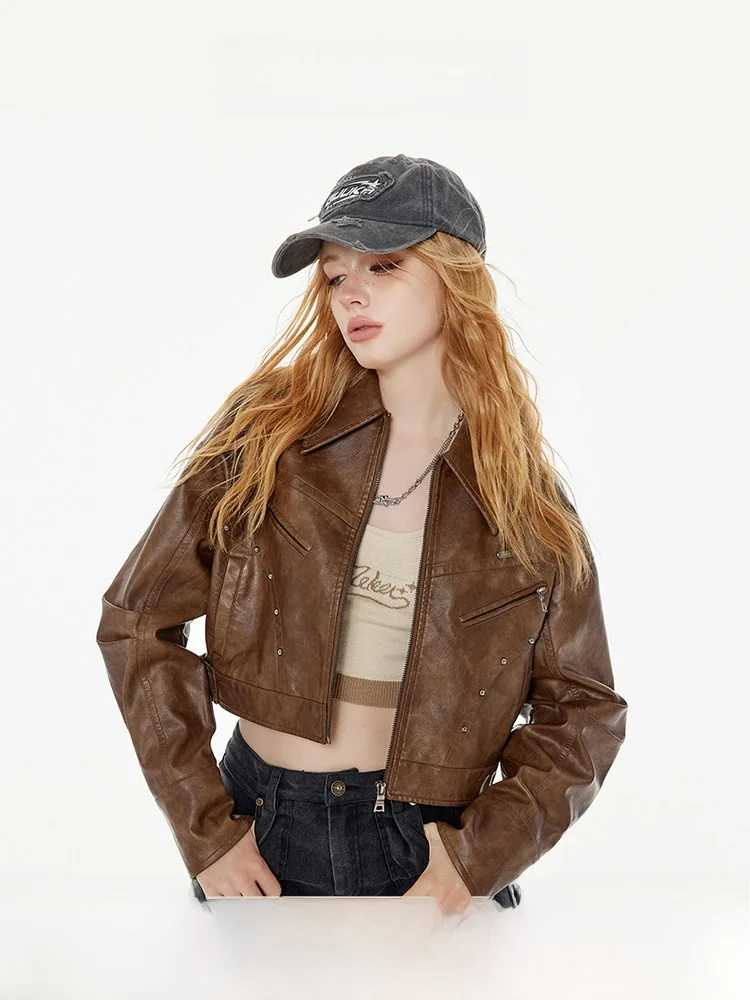 Coffee Brown Short Jacket Women's Autumn Caramel Color Jacket Brown Leather Shirt Mermaid Matching Top Street Style Loose Fit