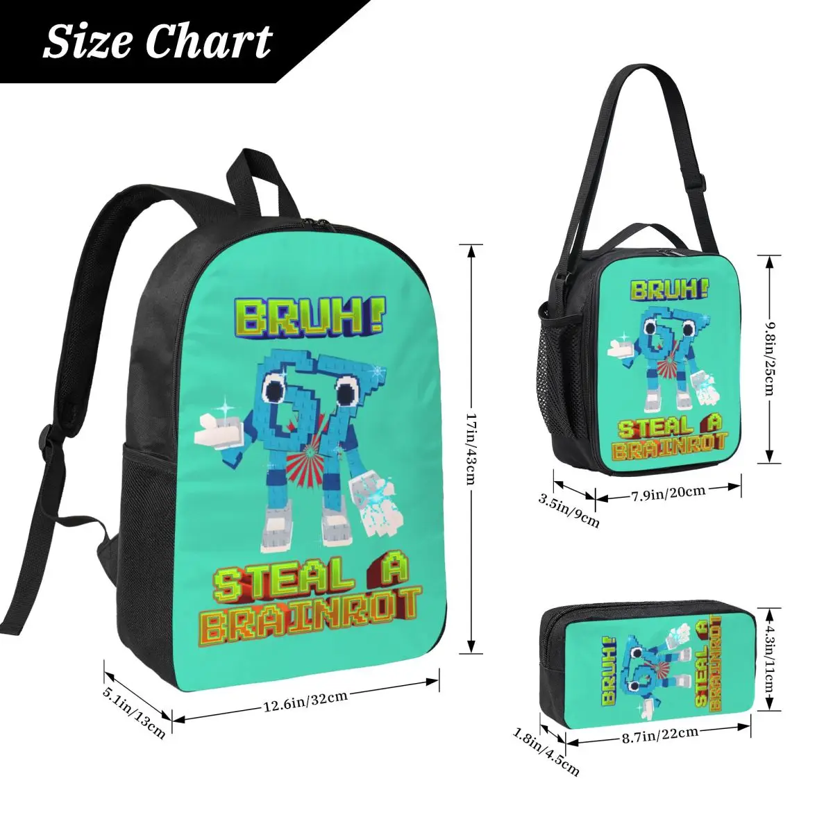 ستة سبعة Bruh 67 3 قطعة/المجموعة على ظهره للطلاب 6-7 Brainrot Meme حقيبة كتف للكمبيوتر المحمول حقيبة الغداء مقلمة