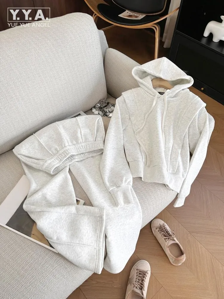 

Casual Winter Women Light Gray Hoodie Pullover Slim Pantsuits Two Piece Sportswear Set Simple Elegant Designer Fashion Female