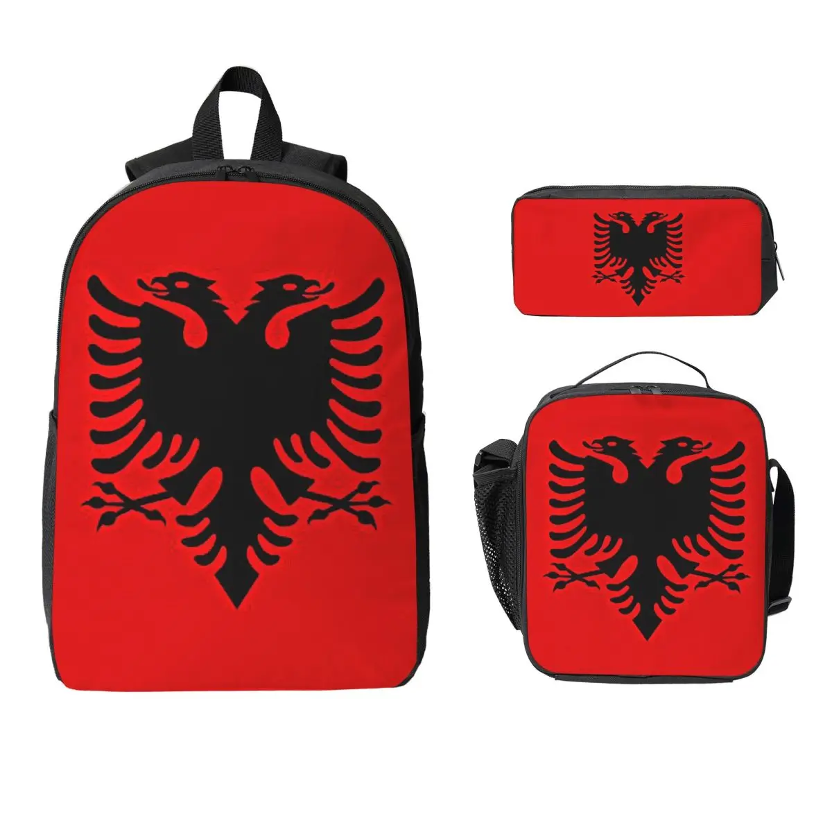 

Albania Flag Black Eagle On Red Backpack Student BookBag School Bag Computer Shoulder Bags 3ps Insulated Lunch Bag Pencil Case