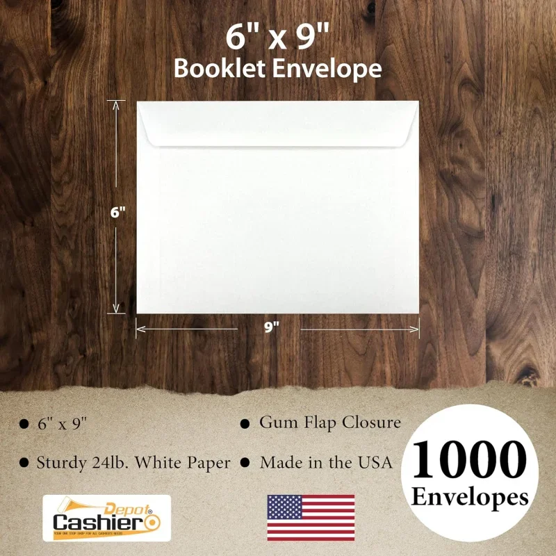 1000 Cashier Depot 6 x 9 Booklet Envelope, Open Side, Sturdy 24lb White, Gum Flap, 1000 Envelopes