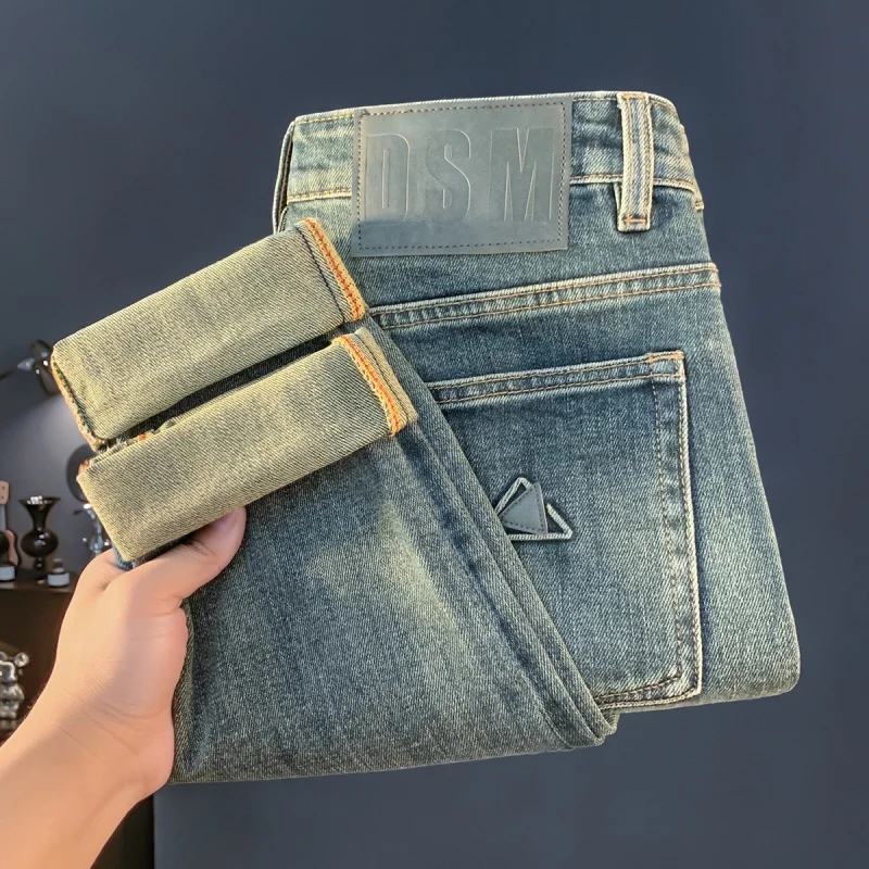 

2025 new autumn vintage blue men's high-end trendy brand slim fit small foot casual luxury denim long pants