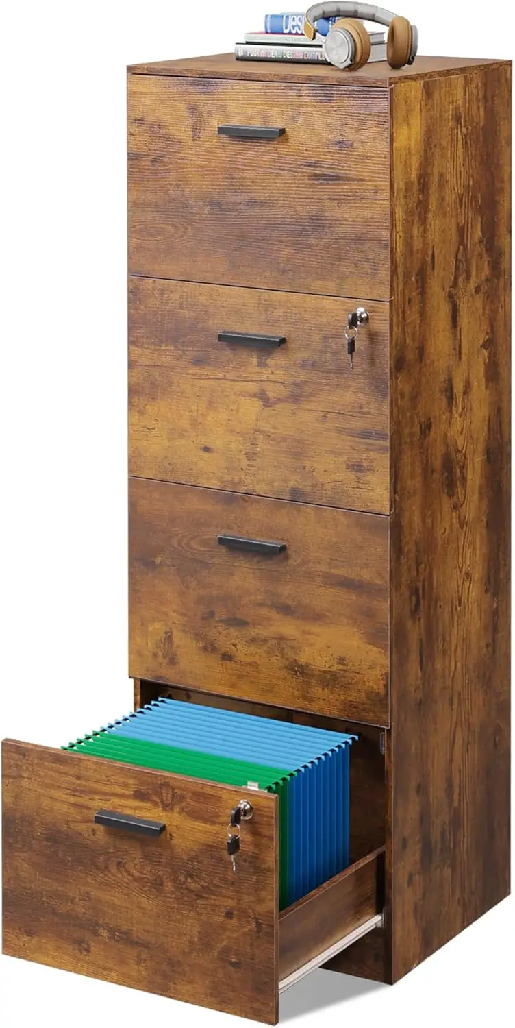 

4-Drawer Lockable Vertical File Cabinet, A4/Letter Wood Storage, Rustic Brown Home Office