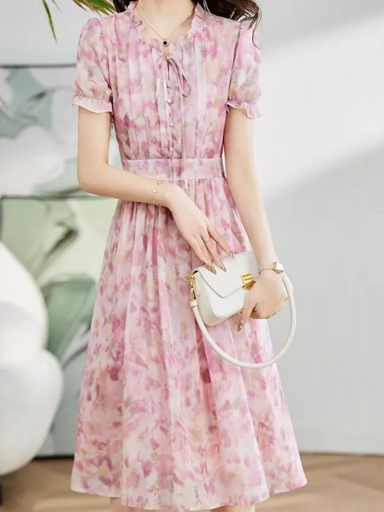 Fashion Silk Floral Printing Elegant Dress Women Summer Middle Long Dresses Office Ladies Short Sleeve High Waist Pullover Dress