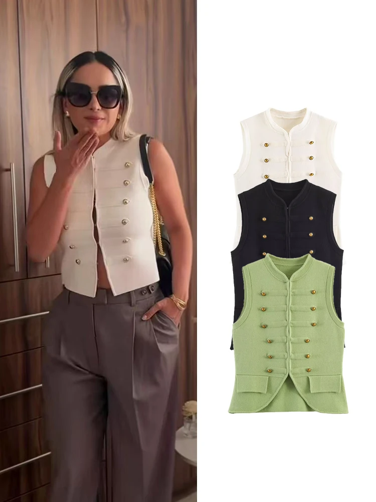 TFMLN-Chalecos de punto de verano para mujer, estilo militar, decoración con botones dorados, chaleco elegante sin mangas, camisola ajustada a la moda