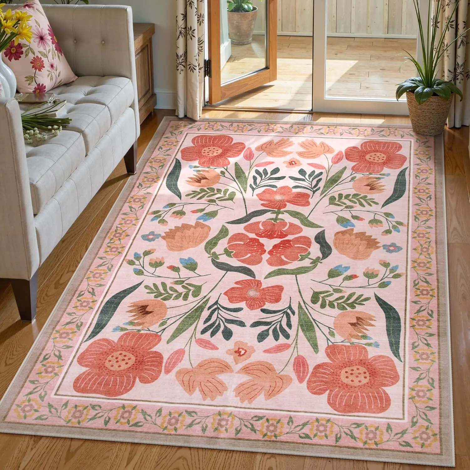 Soft Floral Room Rugs for Bedroom Non Slip, Ultra-Thin Low Pile Floor Flower Carpet for Classroom Nursery Girl Room Décor