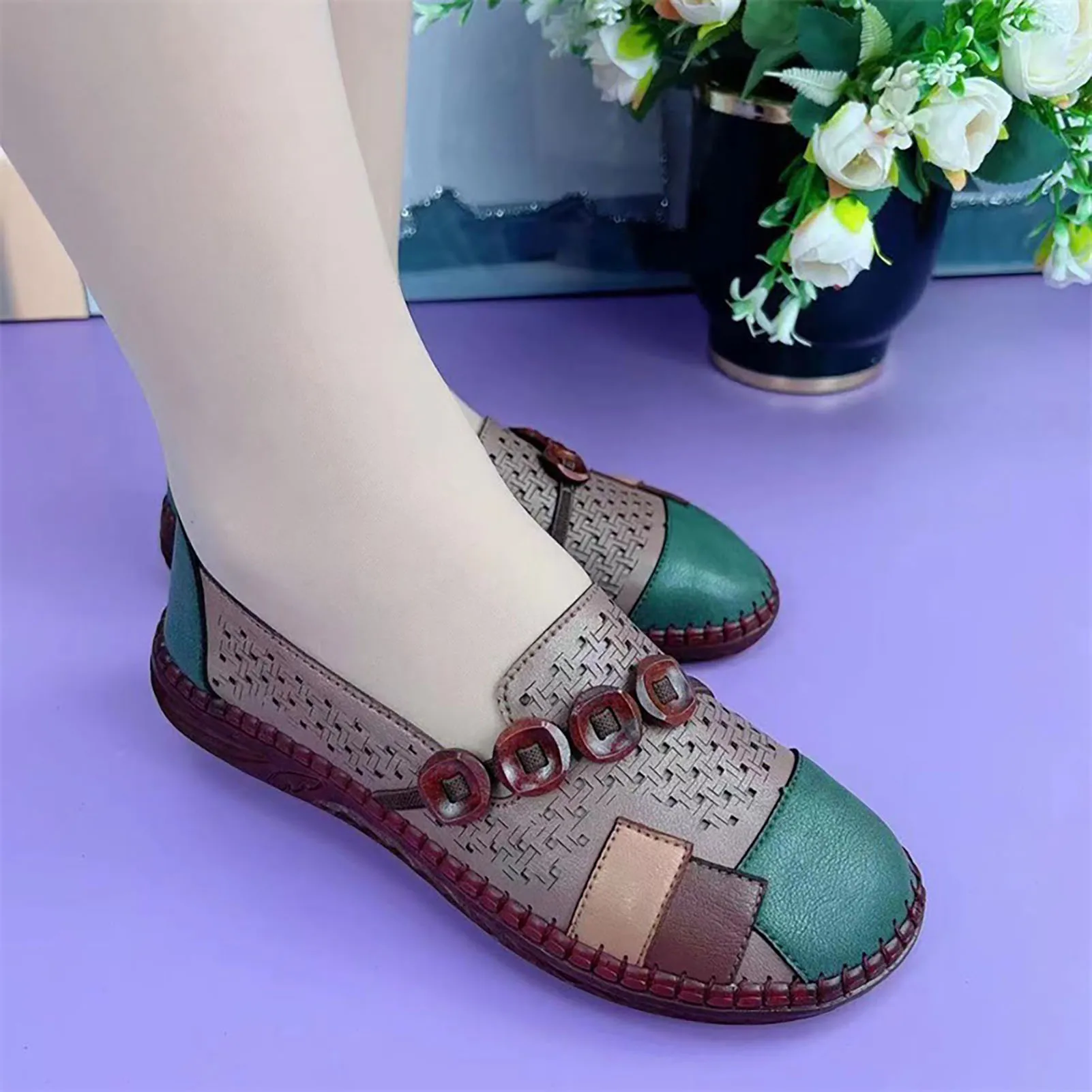 Ladies Color Blocking PU Leather Shoes Anti-Slip Versatile PU Leather Shoes Suitable for Going Beach Side Wear