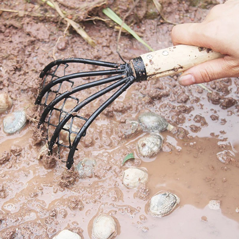 Clam Rake With Net 5 Claw Wood Handle Rake Shell Digging Tool Dig Seafood Accessories Weeding Farming Tool Wood Handle Pitchfork