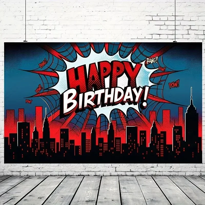 Tło fotograficzne Marvel Spider-Man z własnym imieniem, panoramą miasta, na urodziny dziecka, baby shower, dekoracja do zdjęć. — zdjęcie produktu 4