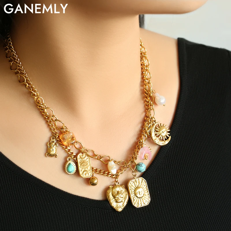 

GANEMLY 316L Stainless Steel Metal Sun Lion Head Pendant Necklace For Women Golden Handmade Neck Chain Waterproof Jewelry Gift
