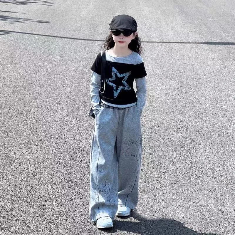 2026 winter autumn Girls clothes children set Kids splicing stars top sweatshirt t shirt+ wide leg pant 4 8 10 14 15 years teens