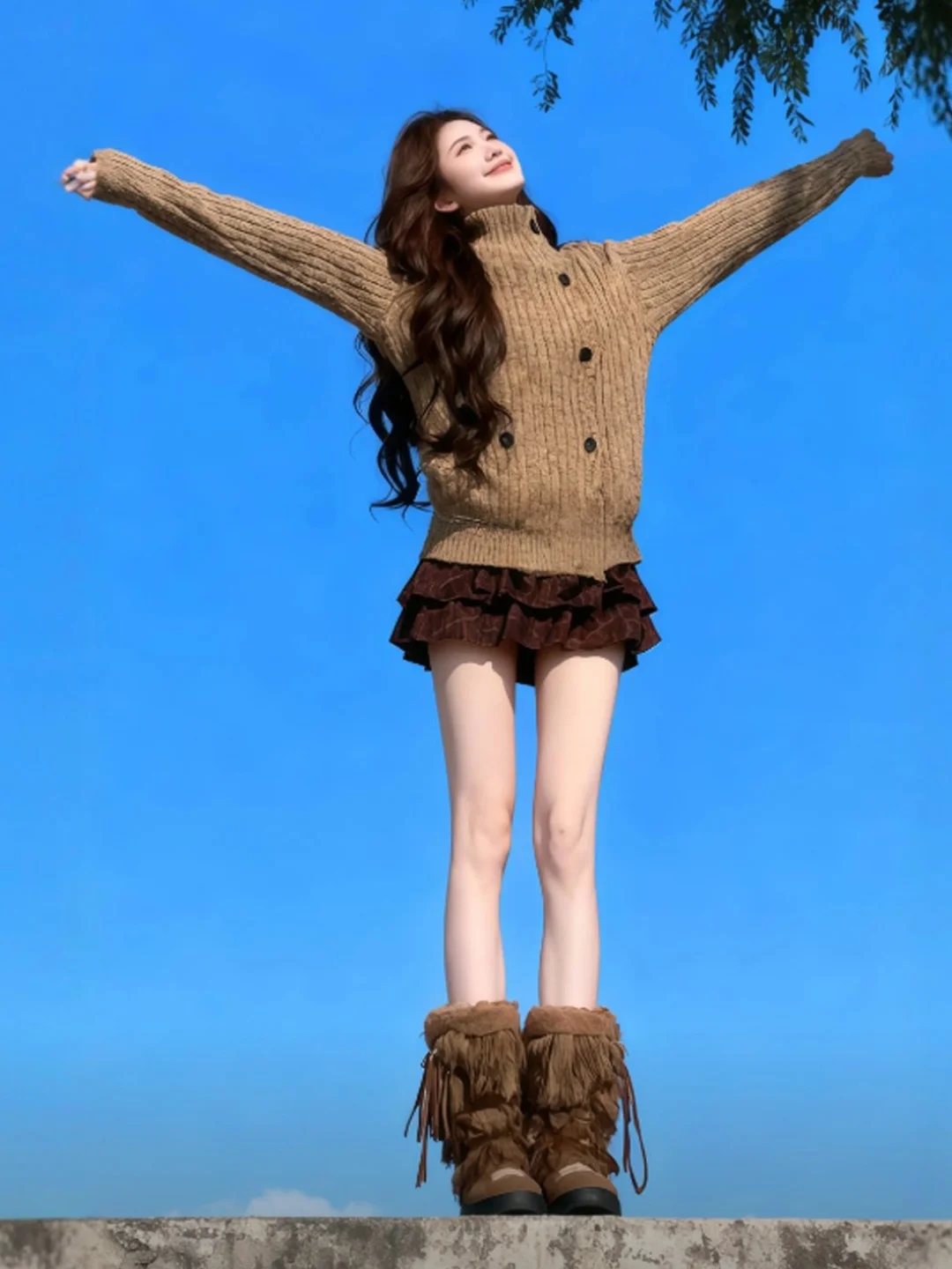 

Chic ortie Set Vintage Knit Top f-Skirt Ele Clete Outfit OOTD Spring Faion Women's Ensemble Comfortable Long Sl...