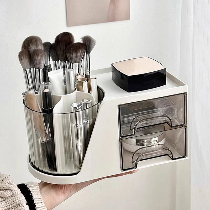 Multifunctional Comestic Brush Storage Box 360°Rotating Desktop Makeup Organizer Detachable Bathroom Rack Drawer Pen Holder