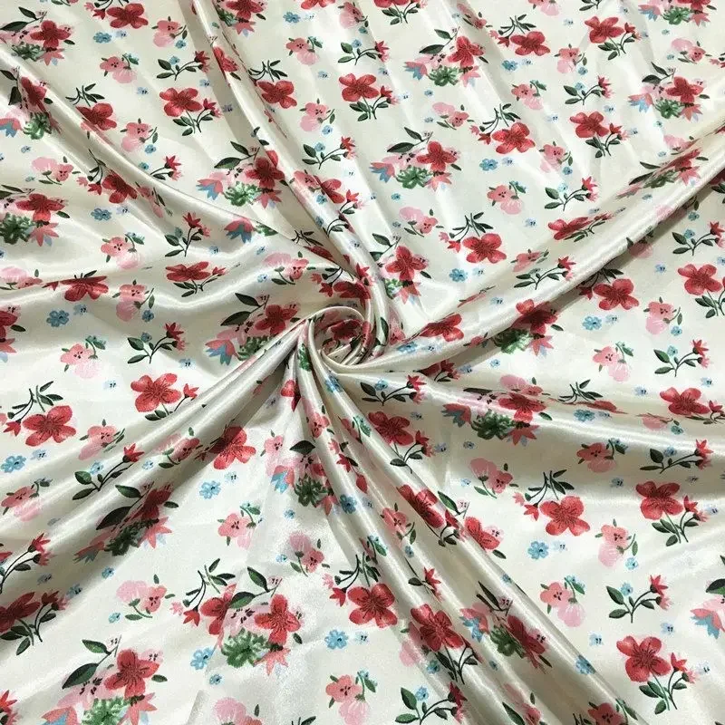 Printed Satin Fabric Per Meter for Dresses Pajamas Scarf Cheongsams Diy Sewing Needlework Cloth Smooth Soft Opaque Flower White