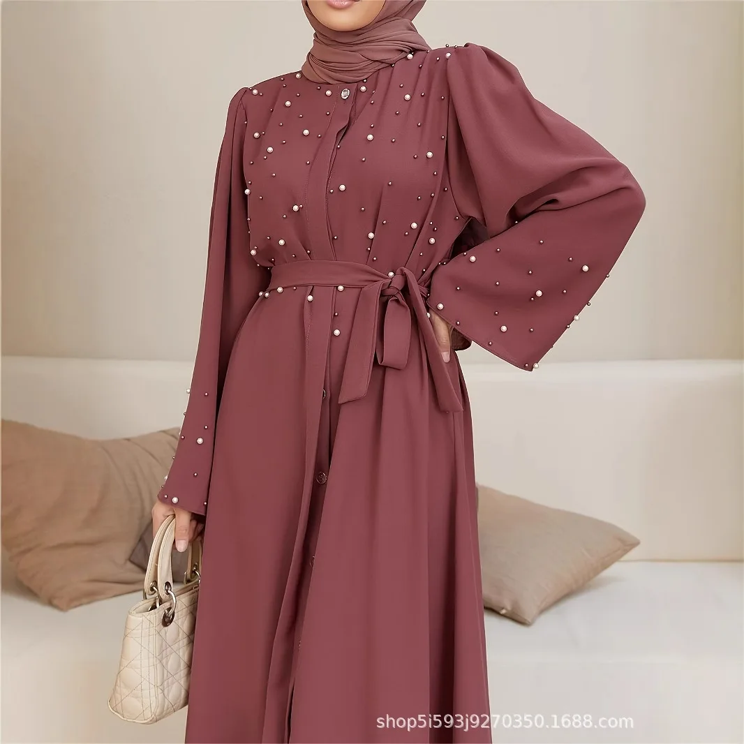 

New Middle Eastern Muslim temperament long sleeved elegant dress with pearl decoration robe ABAYA