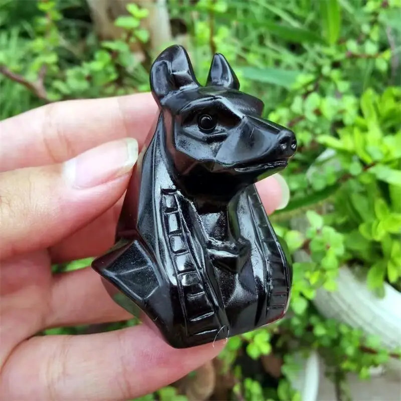 Natural Obsidian Anubis Quartz Hand Carved Crystals Stones Healing Polished Mineral Ornaments Home Decoration 1pcs