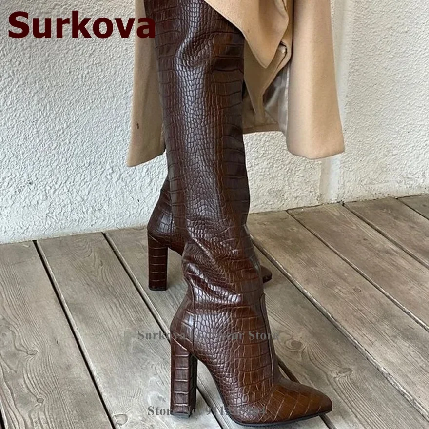 Surkova Brown Crocodile Pattern Chunky Heel Knee Boots Pointed Toe Snakeskin Square Heel Dress Boots Fall Winter Outdoor Shoes