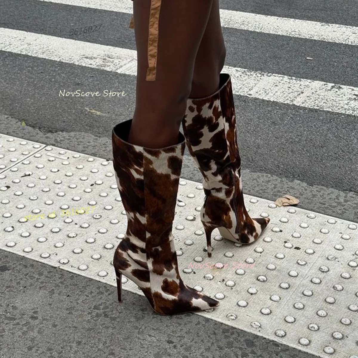 

Pointy Toe Mixed Color Stiletto High Heels Boots Sewing Slip On Classic Sexy Women Dress Party Daily Causal Long Booties