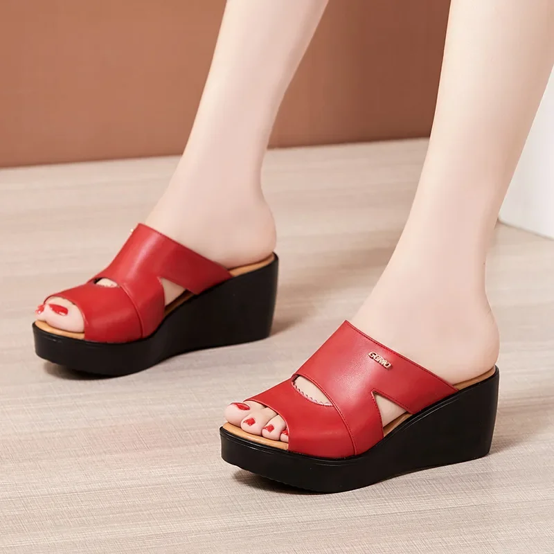 Plus Size 33-43 Casual Outside Medium Heels Platform Wedges Slippers Women Shoes Summer 2024 Beach Office Soft Leather Slides