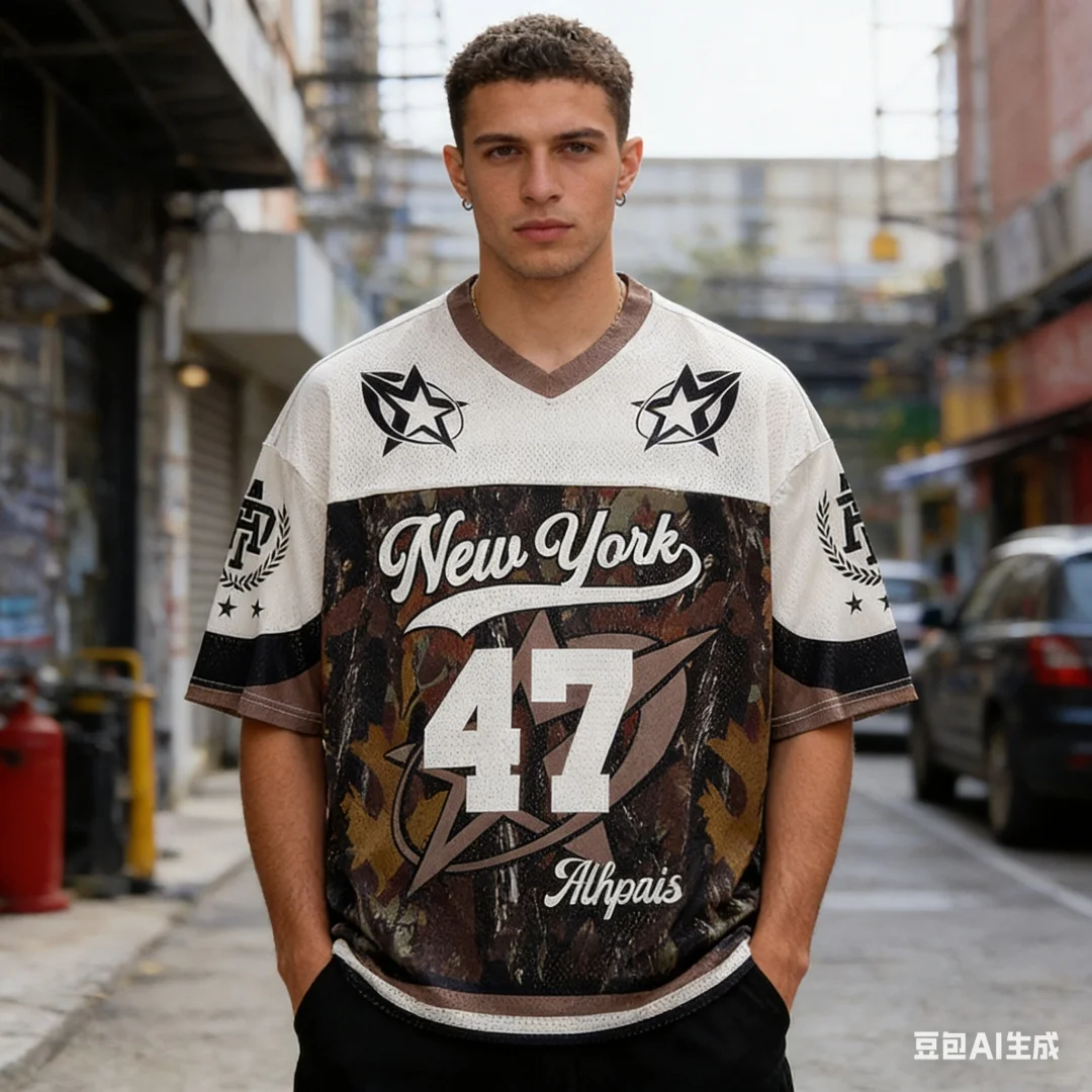 Men Summer T Shirt New York 47 Camo Jersey Tee Casual Short Sleeve V Neck Mesh Top Retro Streetwear Loose Fit Tops for Gentlemen