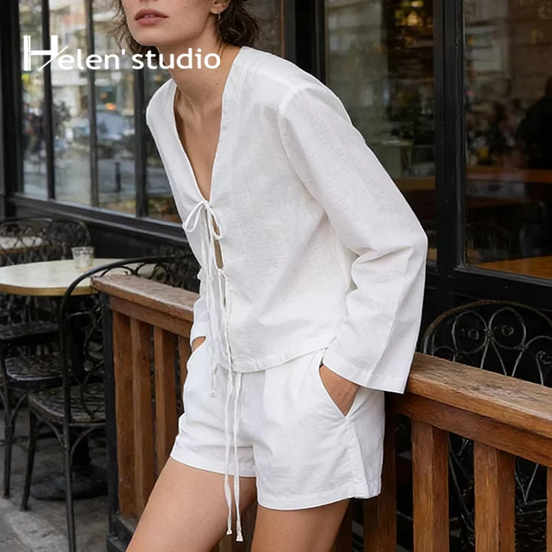 

Original Summer Women's Matching Set Cotton Linen Tie Up Long Sleeve Top Shorts 2 Piece Sets Beach Sun Protection Classy