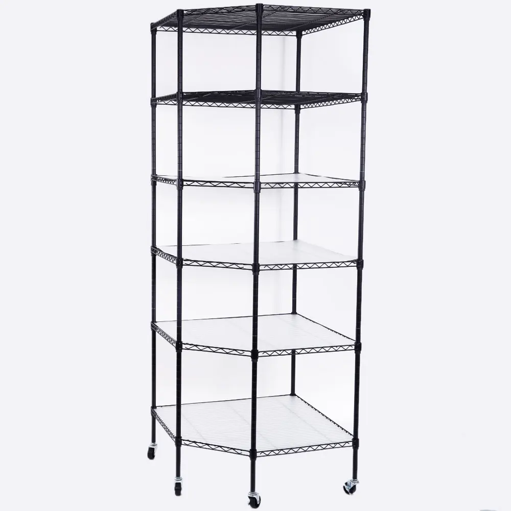 

6-Layer Plastic Coated Polygonal Corner Shelf with 2" PP Wheels 680*680*1800 Black