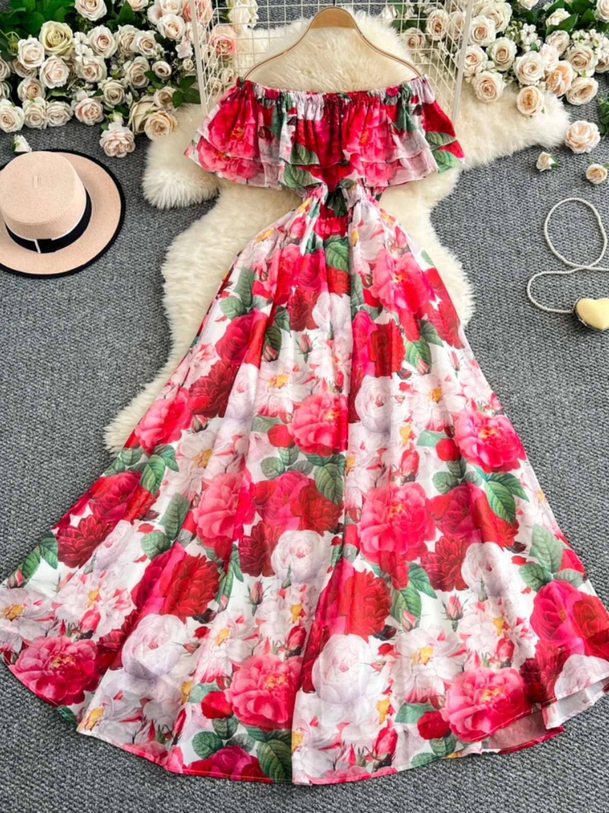 Vestido Longo E de Verão com Estampa Floral, Manga Bufante de Um Ombro, Estilo Coreano, Cintura Alta, Modelo Evasê Mid...
