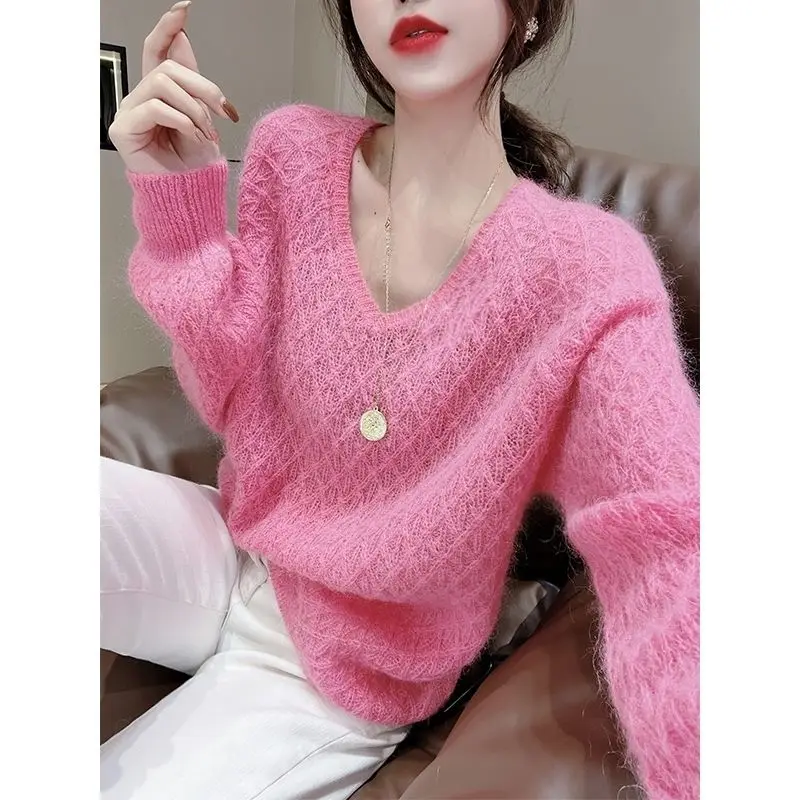 

Woman V-neck Retro Thick Sweater Female Loose Outer Wear New Knitted Pullover Ladies Tops Jacket Top G71