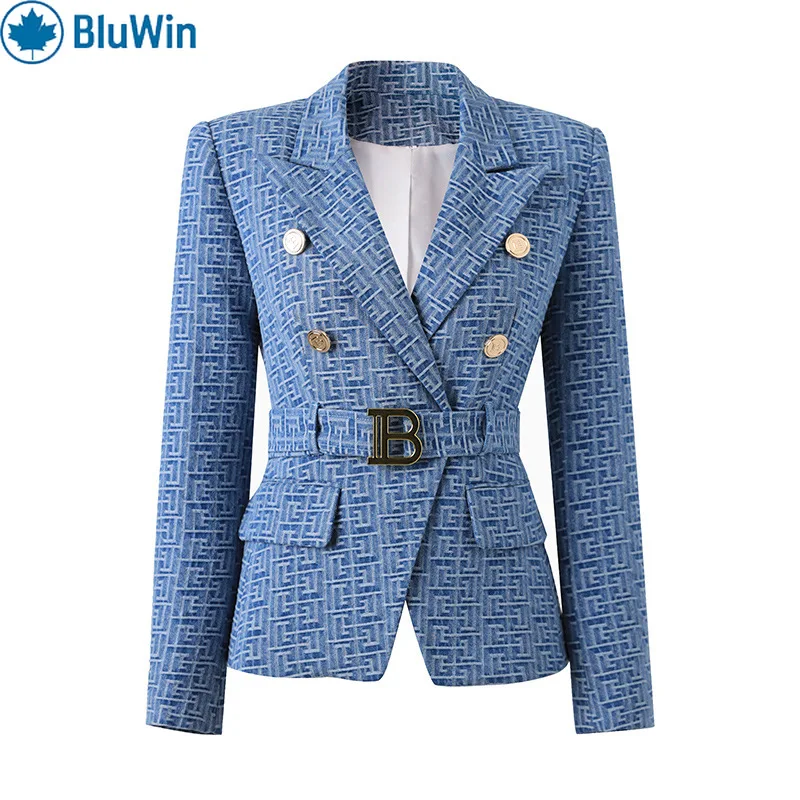 

BluWin Новое поступление, блейзер с поясом, женский двубортный жаккардовый узор, облегающий офисный пиджак с зубчатыми лацканами