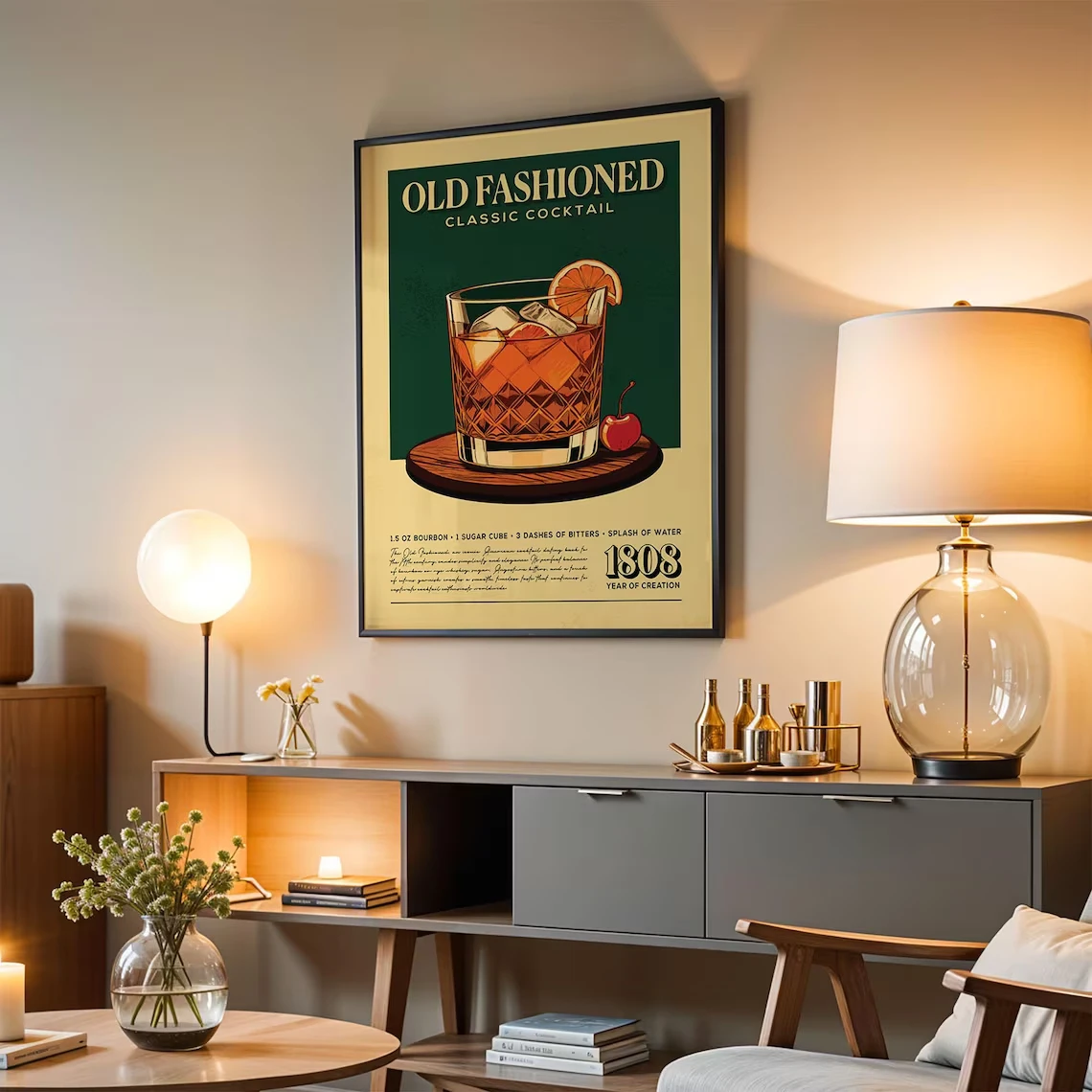 Old Fashioned Cocktail Art Printed Poster Bar Wall Art Picture Classic Bar Cart Canvas Prints Retro Bar Accessories Decoration