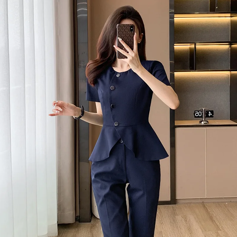 Summer Thin Short-Sleeved Suit Women\'s Slim-Fit Elegant Fashion Business Wear Beauty Jewelry Shop High-End Overalls