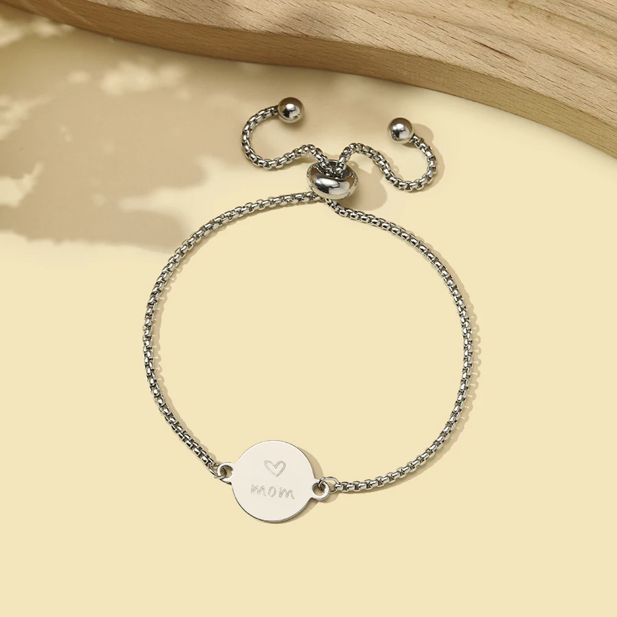 Stainless Steel DAD MOM Charm Bracelet Adjustable Silver Color Box Chain BraceletS with Engraved Heart Round Tag Unfading Joias
