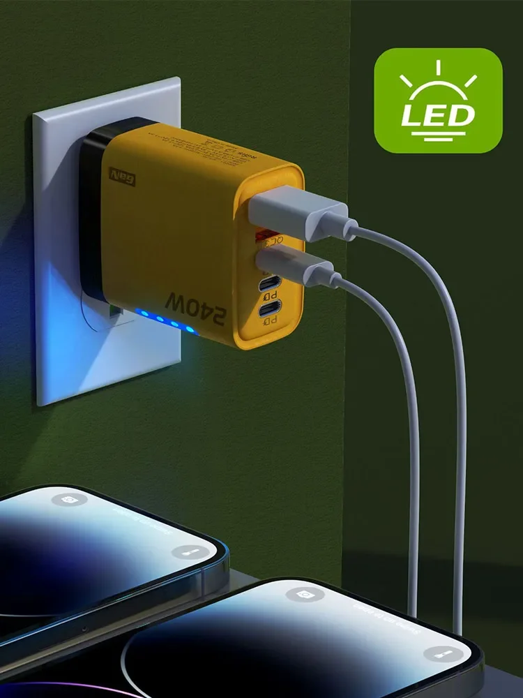 شاحن سريع 240 وات GaN مع ضوء LED 2USB + 3Type-C رأس شحن هاتف متعدد المنافذ لهاتف iPhone وسامسونج وهواوي وشاومي/الكمبيوتر المحمول/الأجهزة اللوحية