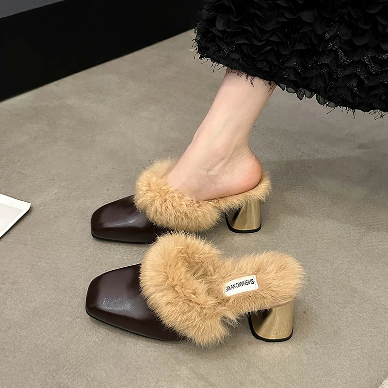 New Design Women's Slippers Winter New High Heels Square Head Wool Leopard Cotton Drag Stylish Comfort Add Home Slippers