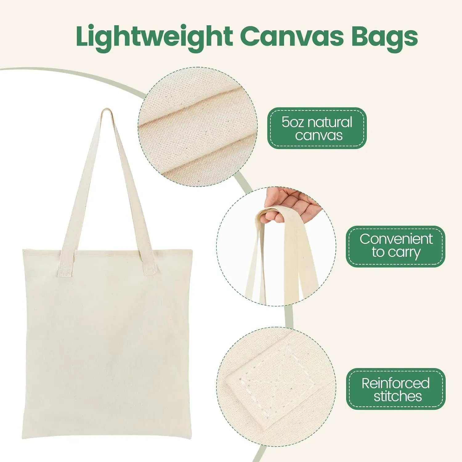 1/5Pcs Multi Sizes Large Capacity Beige Canvas Shoulder Tote Bag Folding Handbag Reusable DIY Shoulder Bag Shopping Bag