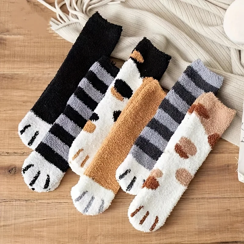 6 Pairs of Women's Cat Paw Plush Mid-Calf Sock,Autumn/Winter Personality Coral Sleep Sock,Cute Cartoon Home Warm Floor Socks