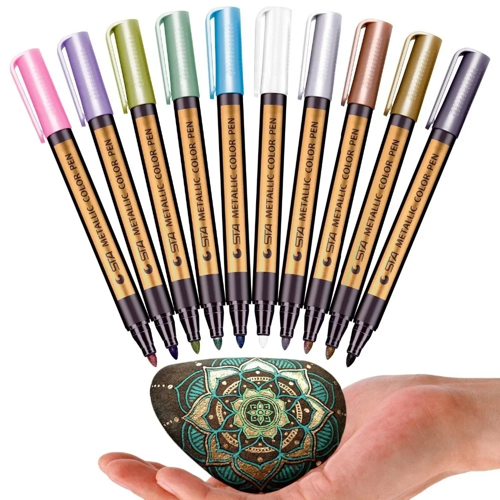 STA Metallic Marker Pens 10 Colors Stone Painting Medium Point Metallic Color Drawing on Ceramic Glass Plastic Scrapbooking