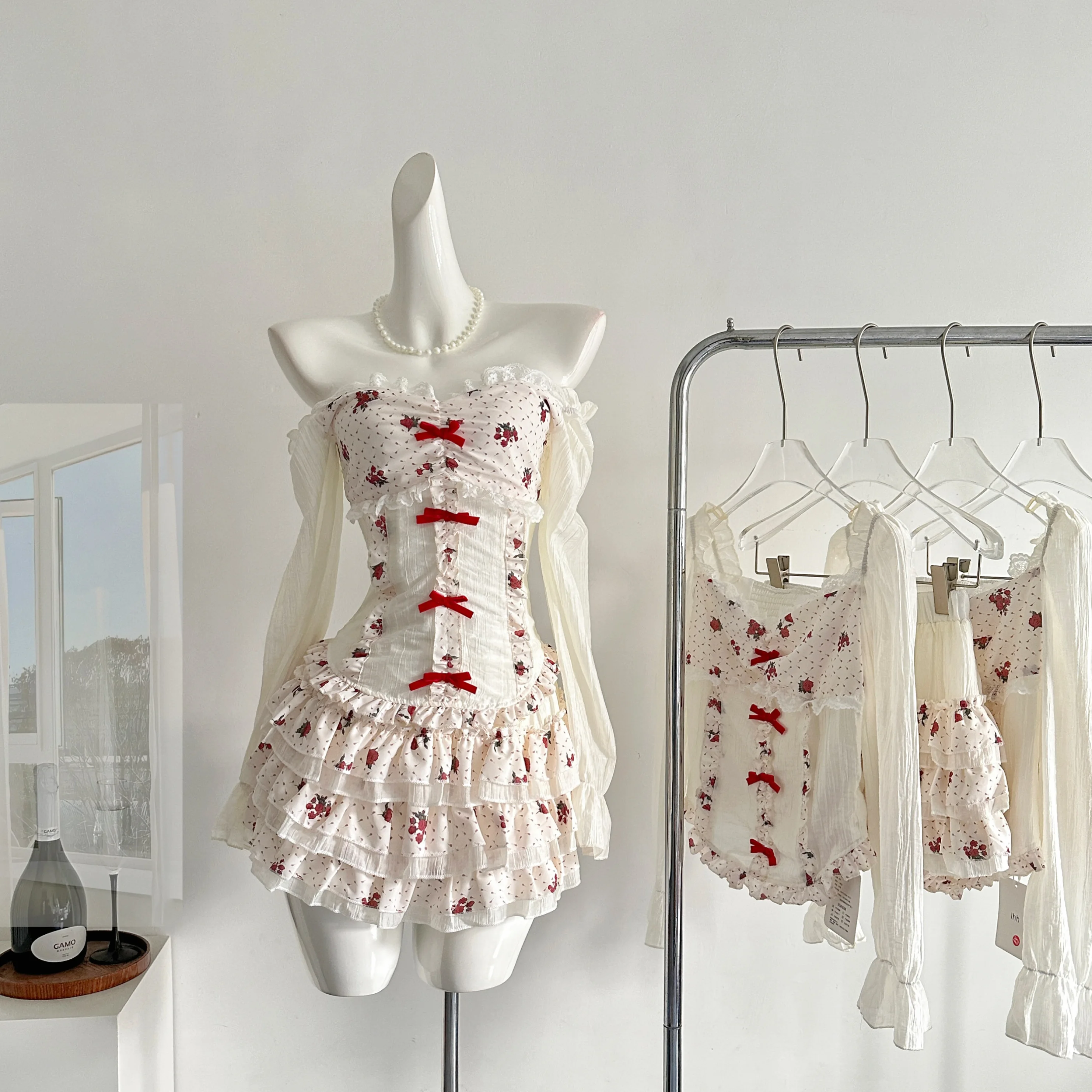 

2025 Spring Women Ballet Core Gyaru Rave Coquette Shoujo Outfits 2 Piece Set Long Sleeve Slash Neck Top + Mini Skirts Ball Gown