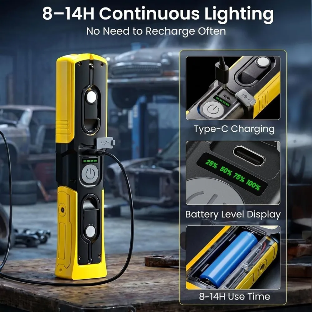RABIT AS59Hidden Hook, Side Magnet, 180° Rotating Base LED For Mechanics Flashlight, Magnetic Rechargeable Underhood Work Light