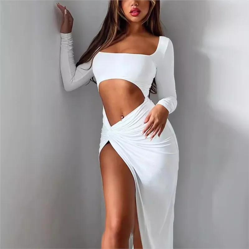 2025, sexy Streetwear-Kleid für Damen, offen, quadratischer Ausschnitt, seitlicher Schlitz, bauchfreies Top mit Gitter-Ausschnitt-Design für Alltag und Ausgehen