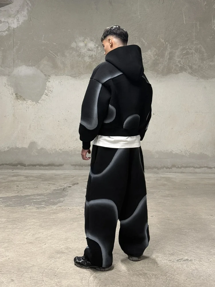 Gradient Hooded Cardigan Sweatshirt, Unisex Loose Comfortable High Street Jacket Pants, American Retro Design