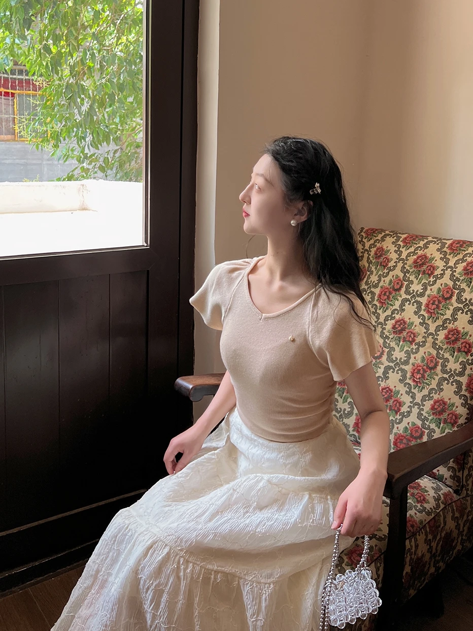 

Трикотажная футболка Suii Gentle Peach Pink, облегающая, с завышенной талией, круглым вырезом, утягивающая, универсальная