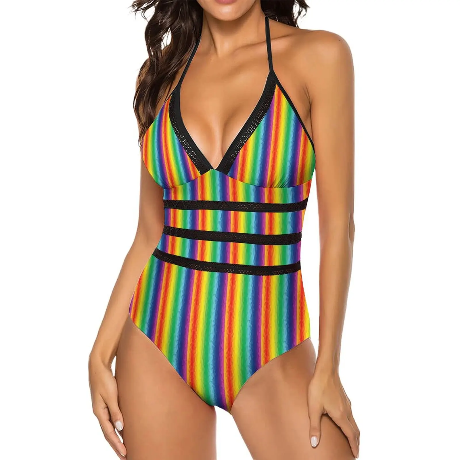 

Colorblock Swimsuit Sexy Rainbow Stripes Woman Swimwear One Piece Fashion Bodysuit Holiday Rave Push Up Cut Out Bathing Suit