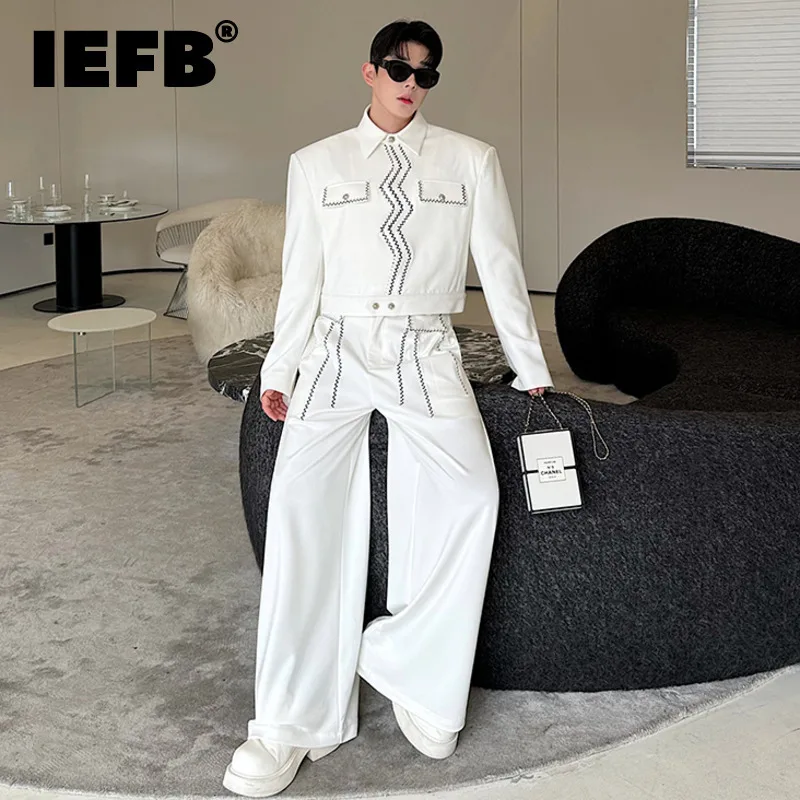 IEFB Korean Style Men\'s Two-piece Wavy Bright Line Embroidery Single Breasted Short Jacket Straight Casual Wide Leg Pants 9C7720